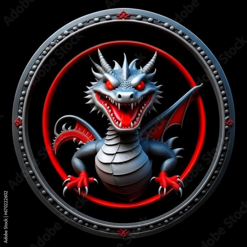 Chinese Year of the Dragon. Pattern depicting a realistic oriental metal steel dragon in a round frame on a black background. Horoscope, Chinese symbol of 2024 new year. Illustration. 