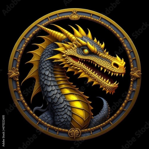 Chinese Year of the Dragon. Pattern depicting a realistic golden oriental fairy dragon in a round golden frame on a black background. Horoscope, Chinese symbol of 2024 new year. Illustration.