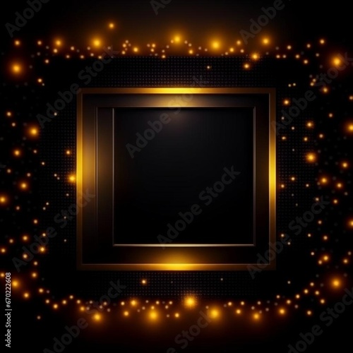 Festive carnival background with many blurred glowing bright golden circles, highlights. Frame for text. Bokeh effect. Artistic design for wallpaper, presentation, advertising, flyer, website, booklet