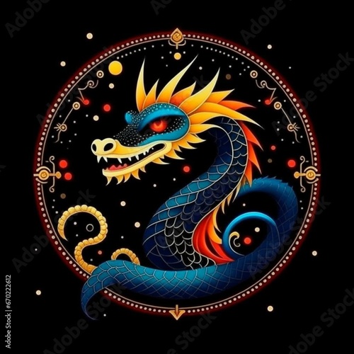 Chinese Year of the Dragon. Pattern depicting a realistic oriental magic dragon in a round frame on a black background. Horoscope, Chinese symbol of 2024 new year. Illustration.