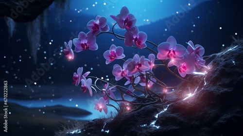 A surreal night scene featuring the Obsidian Orchid under the shimmering stars and a silvery moon.