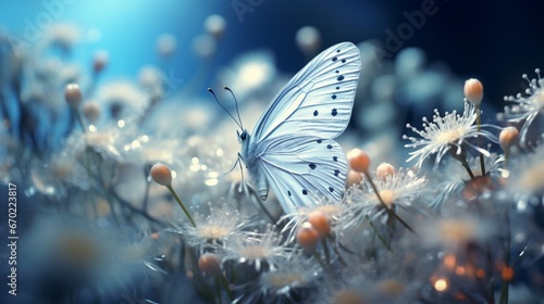 A butterfly delicately perched on the "Ethereal Edelweiss" petals, creating a scene of natural beauty and tranquility.