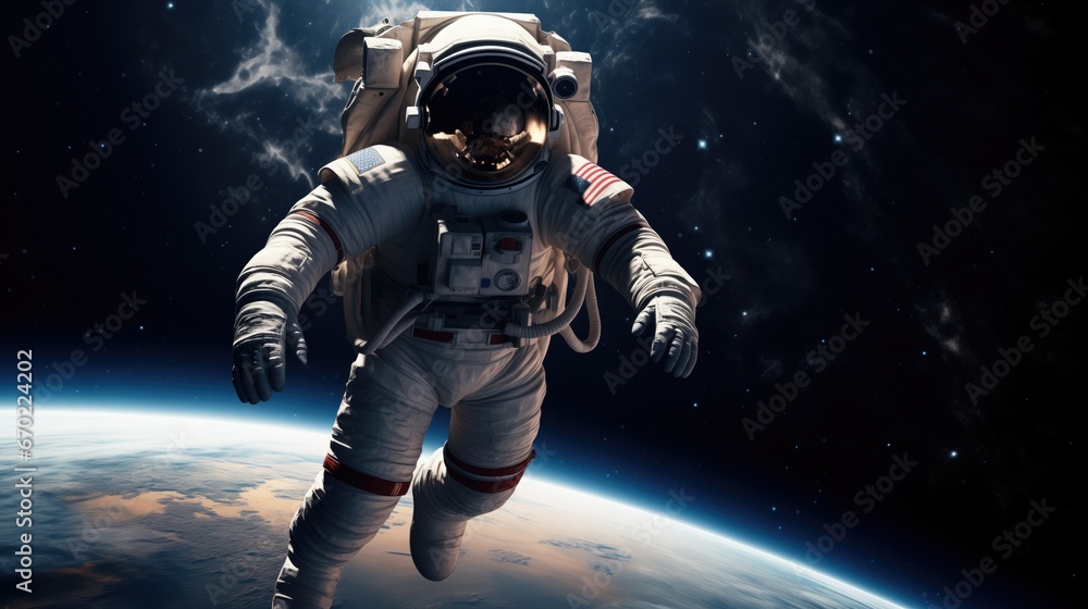Astronaut in space suit floating amidst stars, showcasing highly detailed textures and reflective surfaces. The sharp, distinct image captures the depth and vastness of infinite space, evoking a sens
