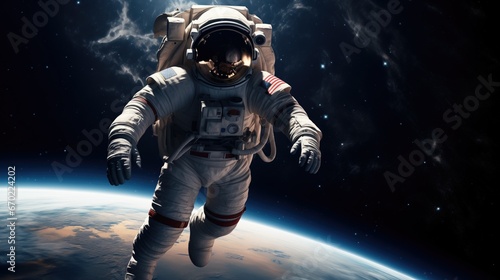 Astronaut in space suit floating amidst stars, showcasing highly detailed textures and reflective surfaces. The sharp, distinct image captures the depth and vastness of infinite space, evoking a sens