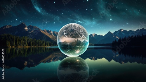 A mesmerizing stock image featuring a suspended magical orb in a dark, starry sky. Intense light casts sharp shadows on a landscape, revealing intricate celestial patterns and glowing designs. A hype photo