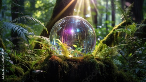 A mesmerizing image of a floating magical orb in a tranquil forest, surrounded by vibrant foliage and trees. The orb emits a radiant, iridescent light, creating intricate shadows