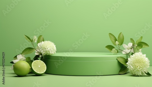 green lime podium with flower and lemon as decoration,green background  ,for  spa product presentation  © Klay