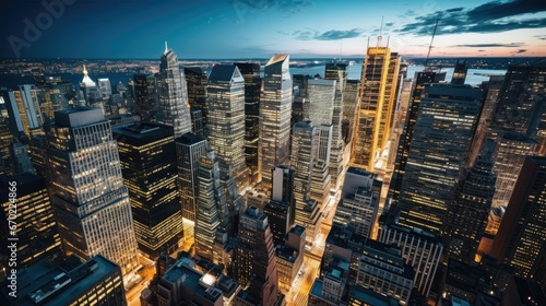 A captivating urban skyline at night  with illuminated skyscrapers and bustling streets. The warm glow of office windows and streetlights create a mesmerizing sight