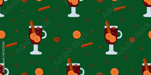 Seamless pattern with mulled wine in glass, anise, cloves, cinnamon stick and citrus slices, vector