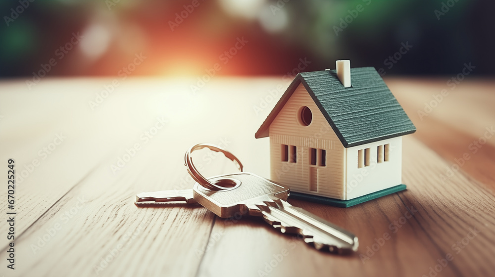 Close Up of Keys and New Home, Real Estate Ownership, Mortgage Loans, Home Purchase Concept - obrazy, fototapety, plakaty 