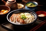 Udon with roast fried duck noodles in broth with sauce on table. Generative AI