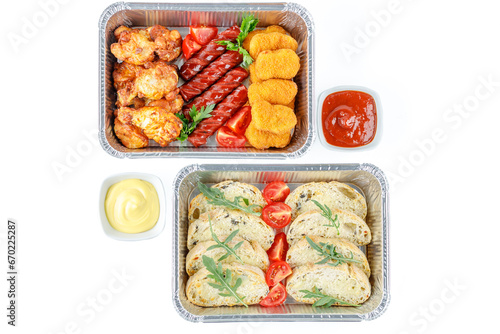 snacks for beer: bruschetta, chicken wings, hunting sausages, chicken nuggets on a white background for a food delivery site 1