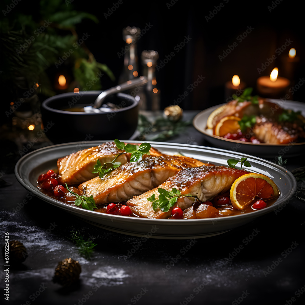 Traditional Christmas fish with cranberries sauce. Traditional Christmas fish with cranberries sauce.