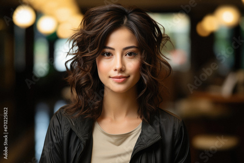 Portrait of a beautiful asian woman with long hair on background.
