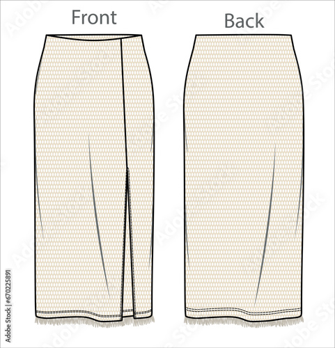 Vector midi skirt with crochet fabric fashion CAD, woman jersey or woven fabric  maxi skirt with side slit technical drawing, flat, sketch, template, mock up. Front back view, white color