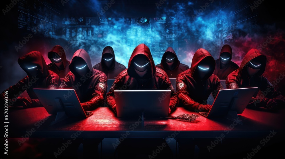 A high-tech, intense image featuring a blue team and a red team in sleek hacker-like attire. They defend a network against a breach, using encryption algorithms and glowing lines. The dark background - obrazy, fototapety, plakaty 
