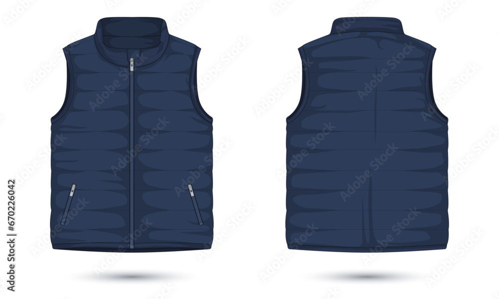 Men's zipper vest mockup front and back view. Vector illustration - obrazy, fototapety, plakaty 