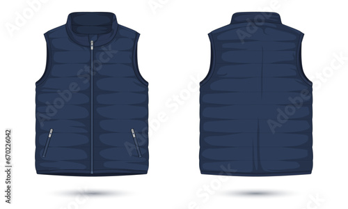 Men's zipper vest mockup front and back view. Vector illustration