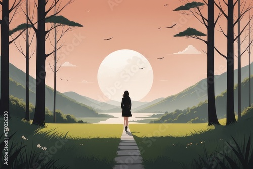 girl with backpack on the lakegirl with backpack on the lake woman walking on the hill with big moon at sunset. beautiful nature landscape. vector illustration