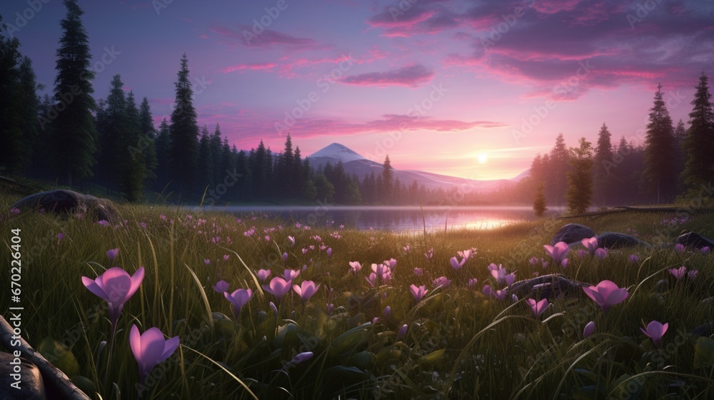 A tranquil meadow at dusk, with Twilight Trillium flowers swaying gently in the evening breeze, their petals catching the soft, ethereal light.