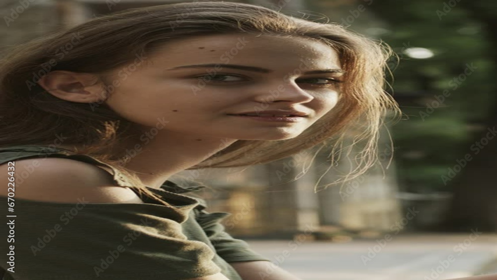 Close up slow motion portrait of woman sitting on curb - vertical video / Plovdiv, Bulgaria Close up slow motion portrait of woman sitting on curb - vertical video / Plovdiv, Bulgaria