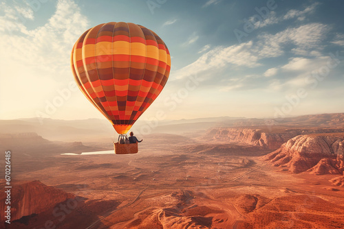 A hot air balloon flying, start of new fun adventure or a travel, landscape, travel with friends
