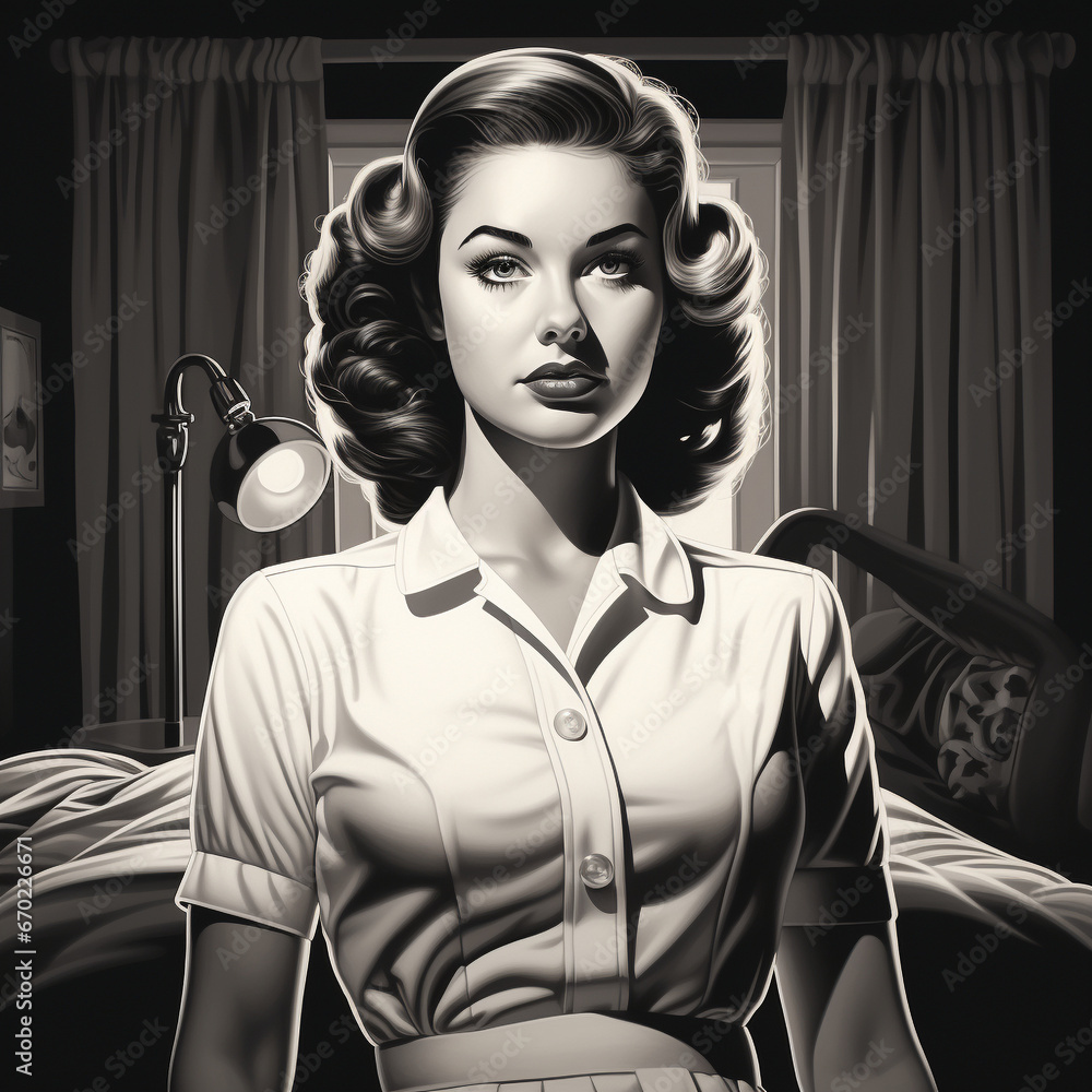 1950's nurse illustration in black and white Stock Illustration | Adobe ...