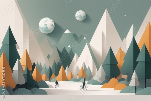 abstract autumn background with mountains and forest abstract autumn background with mountains and forest 3D illustration of a beautiful landscape with a mountain, trees and a bicycle
