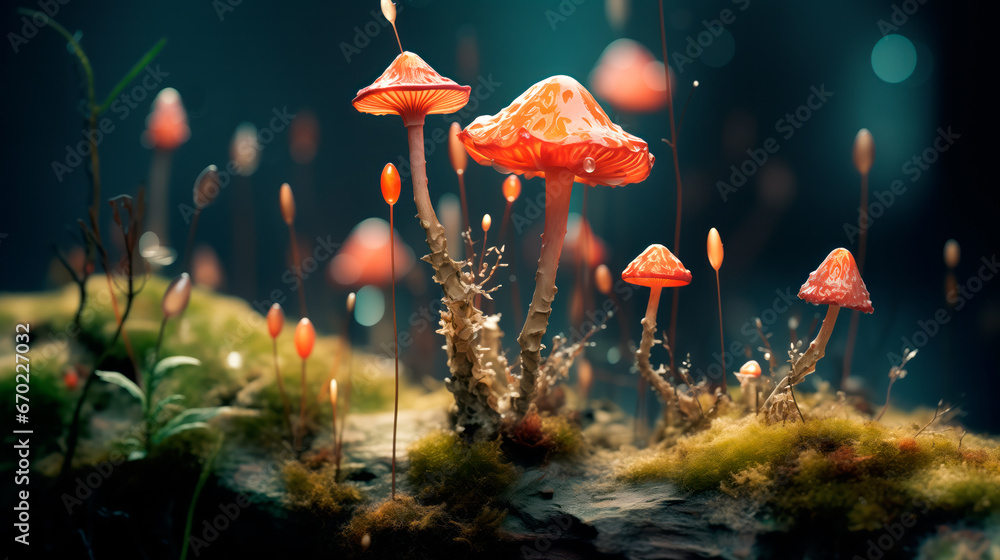 Different types of glowing mystical mushrooms, fantasy mushroom forest with bokeh - obrazy, fototapety, plakaty 