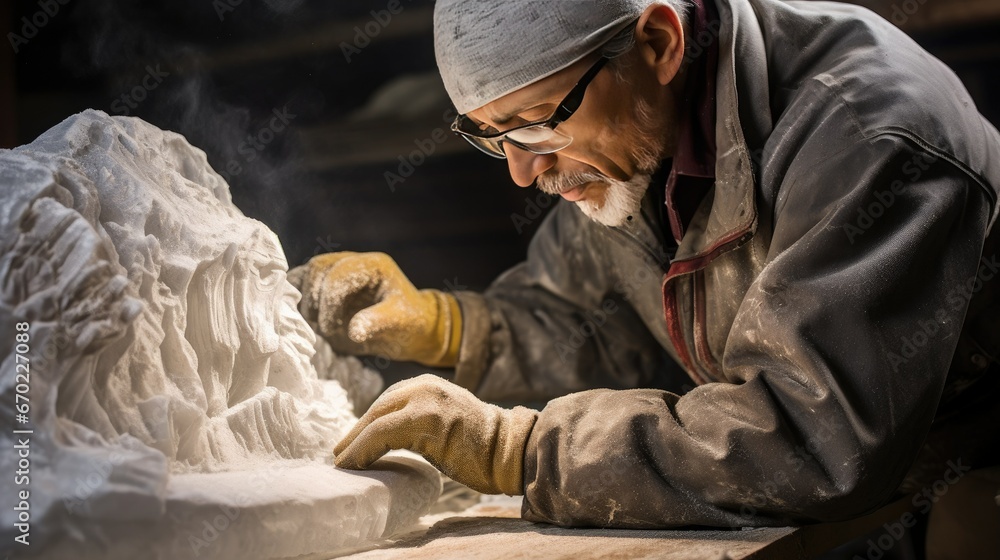 A focused sculptor, wearing a heavy winter coat, gloves, and goggles, meticulously shapes a large, jagged rock into a glistening, icy masterpiece. Winter scenery surrounds the artist as they create a