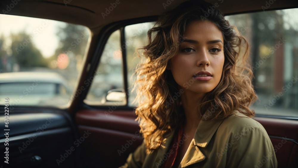 Bellissima ragazza seduta nel posto del passeggero di un'auto d'epoca Bellissima ragazza seduta nel posto del passeggero di un'auto d'epoca
