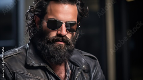 Suspicious man with scruffy beard, worn-out leather jacket, aviator sunglasses, and nervous eyes. Close-up shot capturing his suspicious behavior and appearance.