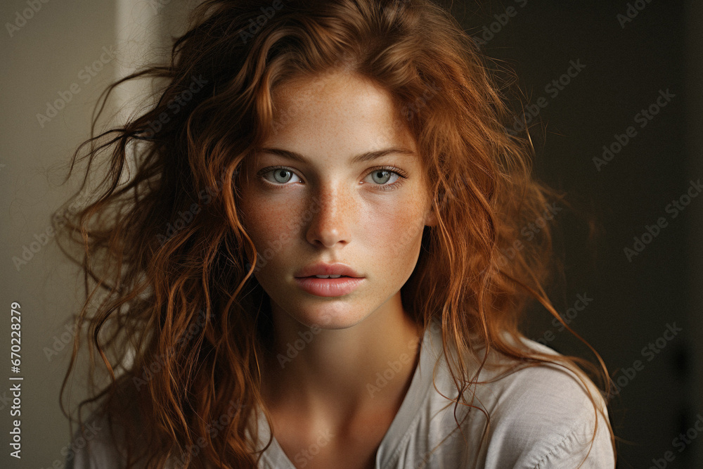 Naklejka premium Portrait of a beautiful young redhead woman with freckles.