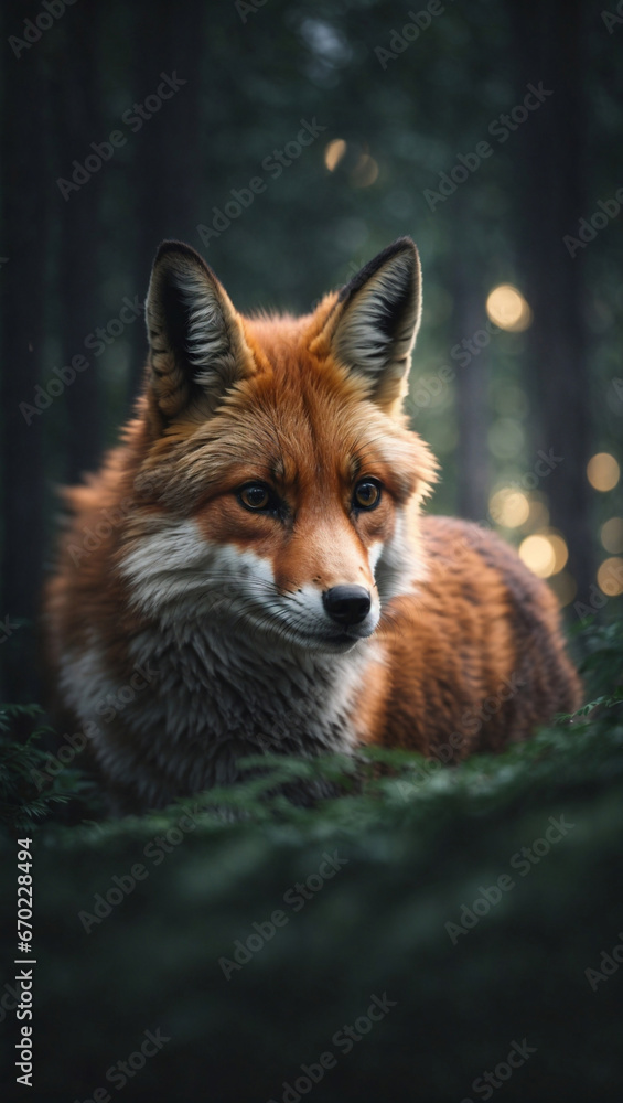 Obraz premium Bellissima volpe accovacciata in una foresta