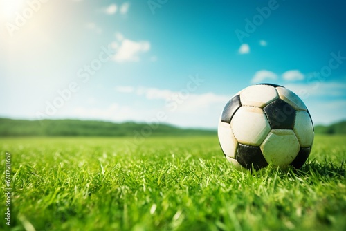 Soccer ball on sunny green field. Generative AI © Phoenix