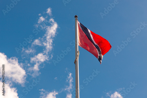 Trinidad & Tobago flag waving against blue sky