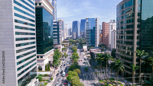 Aerial view of Avenida Brigadeiro Faria Lima, Itaim Bibi. Iconic commercial buildings in the background. With mirrored glass photo