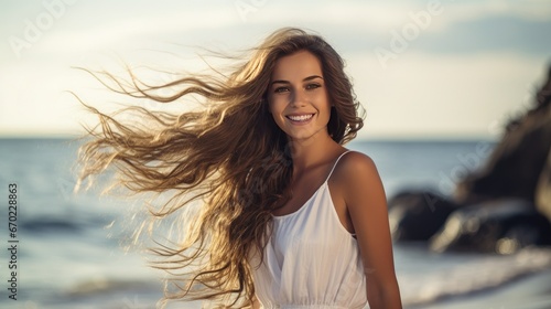Young woman in a flowing white dress stands on a sandy beach, her long brown hair flowing in the breeze. She gazes at the crashing waves, surrounded by the serene beauty of the coastal landscape