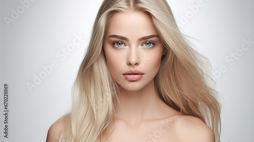 Beautiful blonde girl with perfect skin, cosmetics beauty skin care salon advertisement baner 