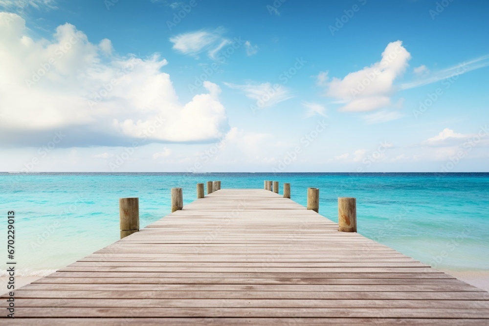 Image depicting a pier on a white wooden bridge overlooking a beach with a blurred Caribbean scene in the background. Generative AI