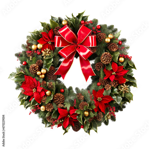 red Christmas wreath isolated on a white transparent background 