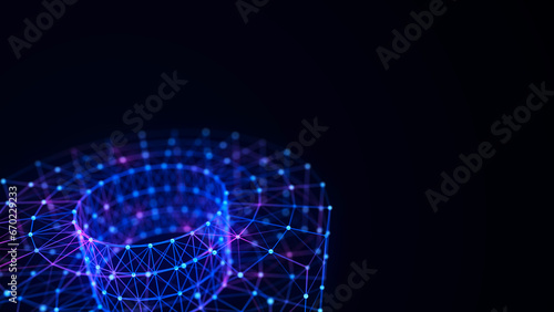 Abstract blue torus on black background. Wireframe circle structure with glowing particles and lines. Futuristic digital illustration. 3D rendering.