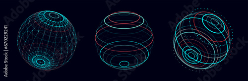Set of geometric blue spheres with connecting dots and lines. Abstract color shapes with noise effect on white background. Vector illustration.