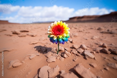 Eine Blume in Regenbogenfarben steht in der Wüste photo