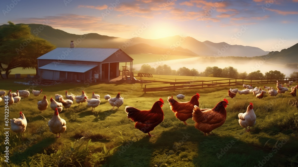 A serene chicken farm at sunrise, with sharp-focused details of golden rays illuminating dew-covered grass, chicken coops, and vibrant colors