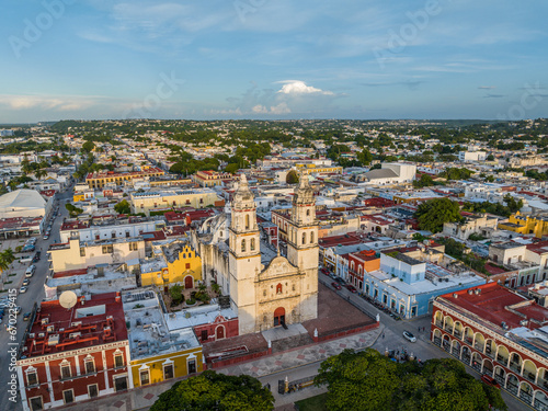 Aerial view of San Francisco de Campeche Cathedral at sunset.