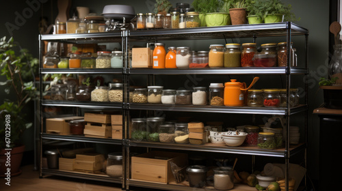 Wallpaper Mural Home food storage room. Various jars with Home Canning Fruits and Vegetables jam on shelves. Torontodigital.ca
