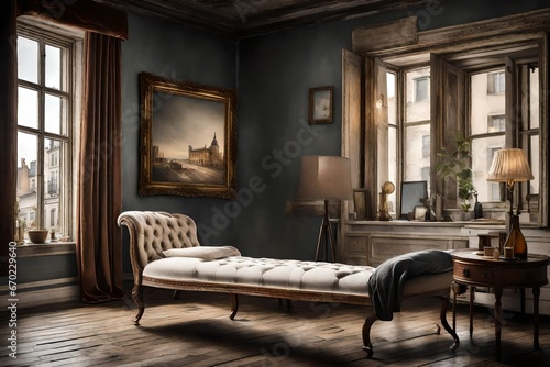 A Canvas Frame for a mockup reflecting the mood of an old styled bedroom, where a velvet chaise lounge beckons near a window framing views of a historic town