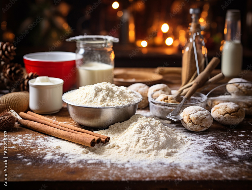 Fototapeta premium A Photo of a Holiday Baking Scene With a Flour-Dusted Counter and a Rolling Pin