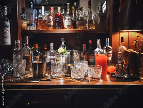 A Photo Of A Home Bar After A Get-Together With Empty Glasses And A Half-Full Cocktail Shaker